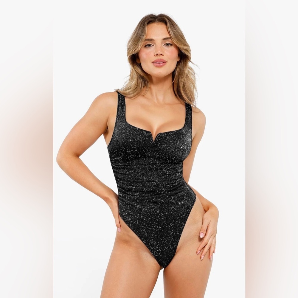 NEW POPILUSH Shapewear Ruched Metallic Knit Square Neck Slimming Bodysuit Black - Picture 2 of 9